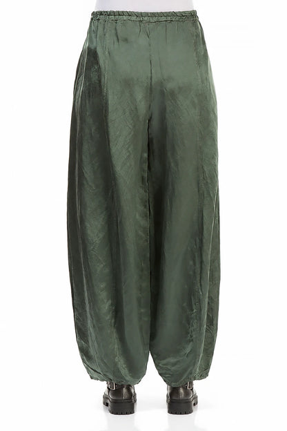 Wide Long Olive Silk Linen Trousers 2