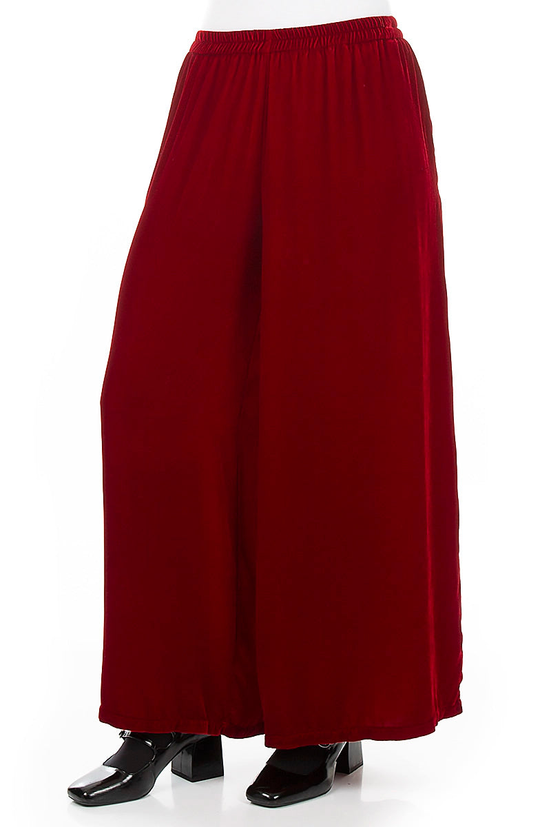 Wide Loose Cherry Red Silk Velvet Trousers