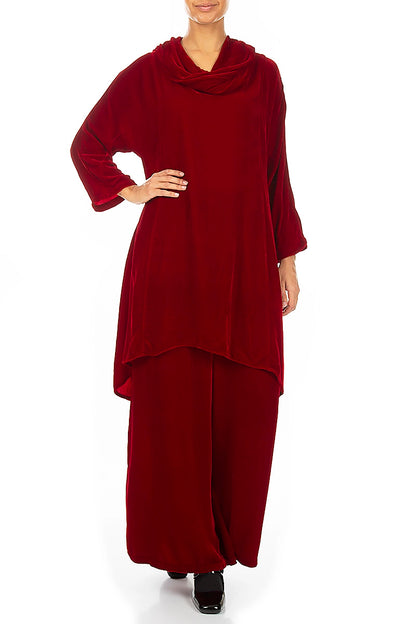 Wide Loose Cherry Red Silk Velvet Trousers