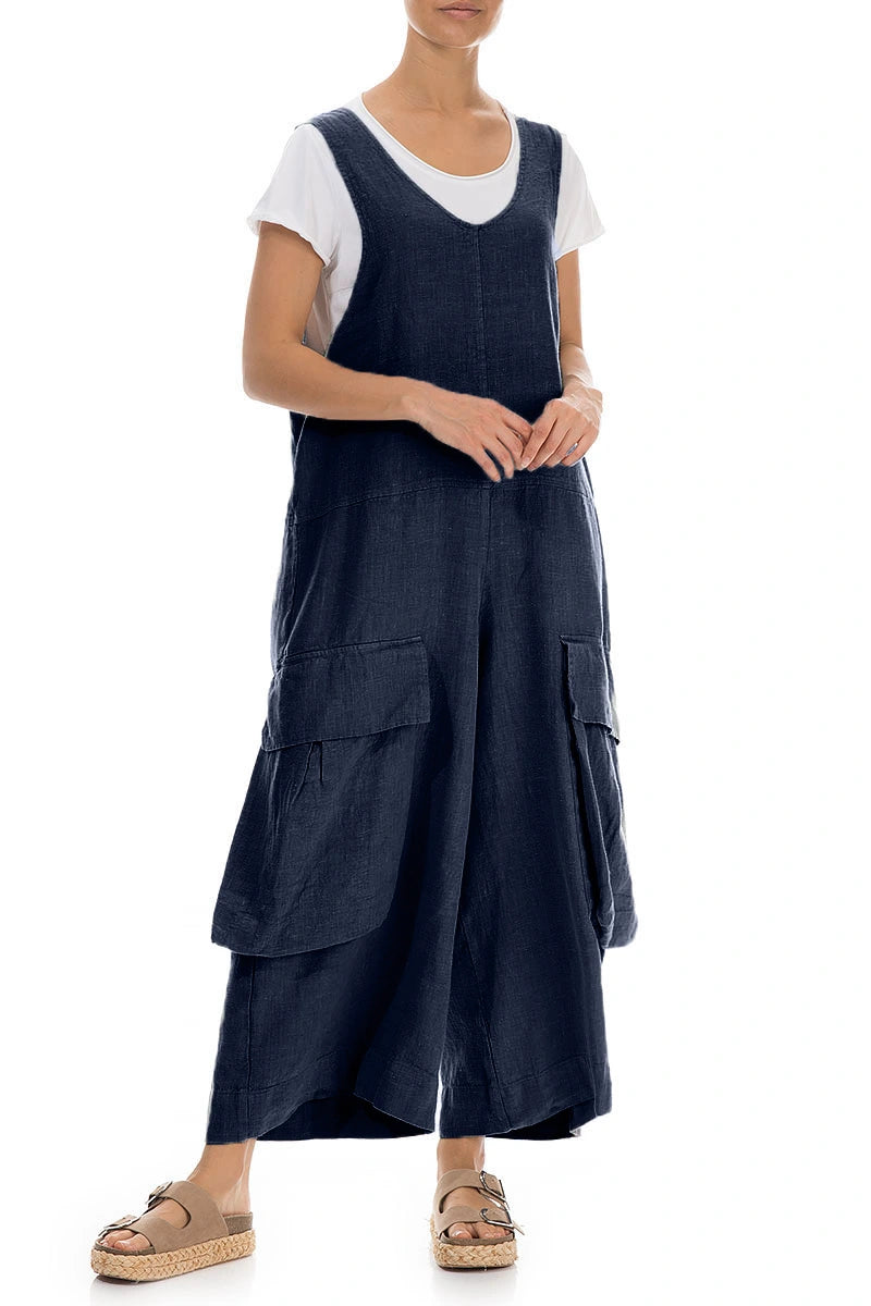 Wide Loose Navy Linen Jumpsuit 3