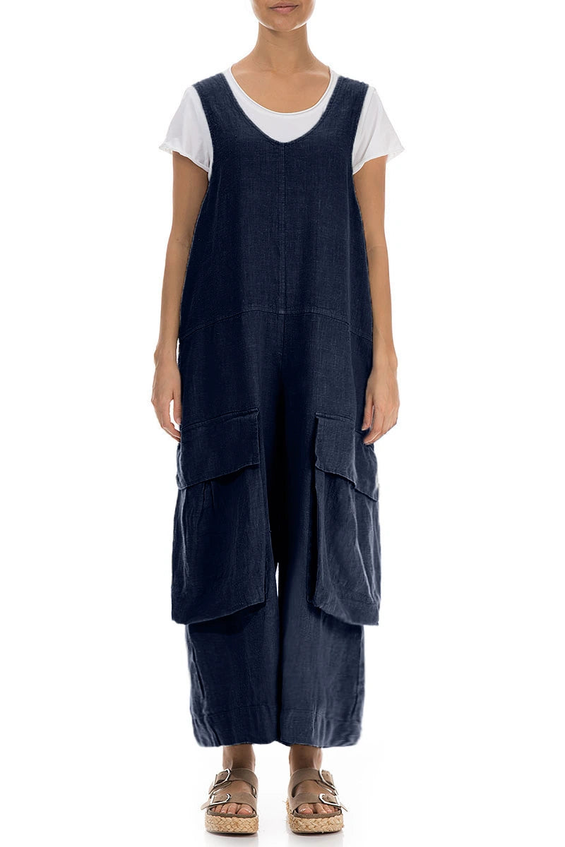 Wide Loose Navy Linen Jumpsuit 1