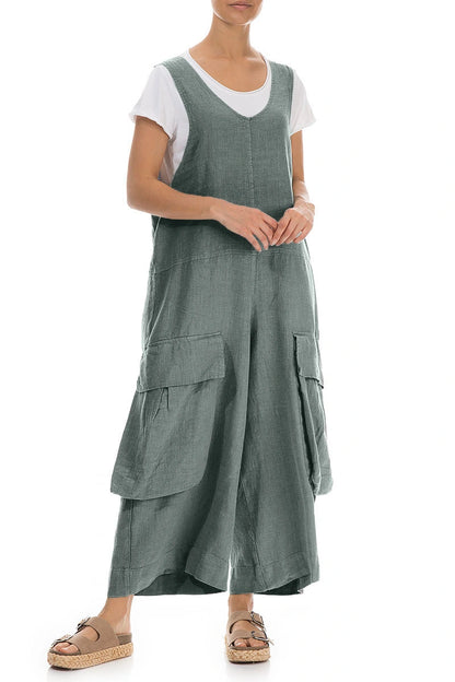 Wide Loose Sage Linen Jumpsuit 3