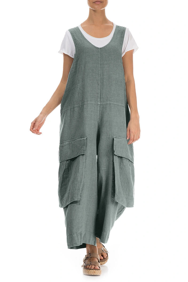 Wide Loose Sage Linen Jumpsuit 4