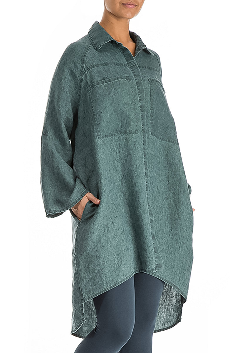 Wide Loose Teal Linen Shirt 3