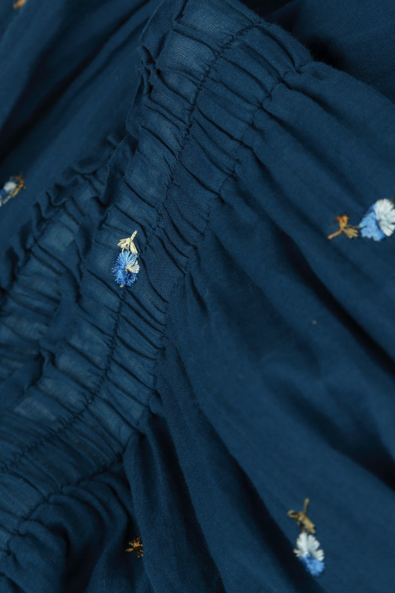 Wide Navy Embroidered Petals Crumpled Cotton Trousers 5