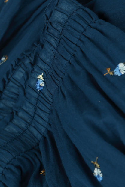 Wide Navy Embroidered Petals Crumpled Cotton Trousers 5