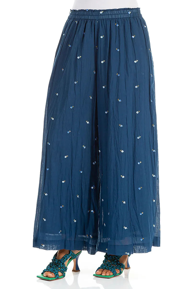Wide Navy Embroidered Petals Crumpled Cotton Trousers 3