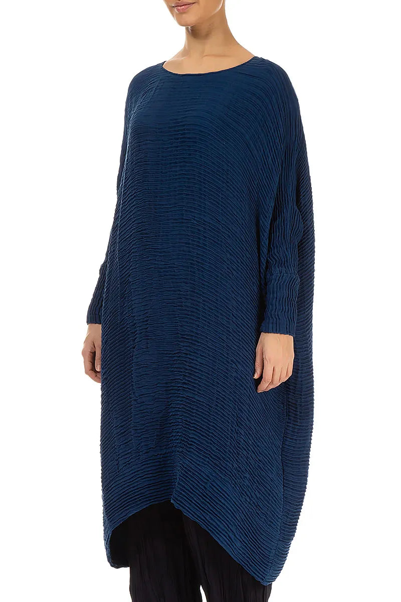 Wide Royal Blue Plissé Silk Kaftan Dress 3