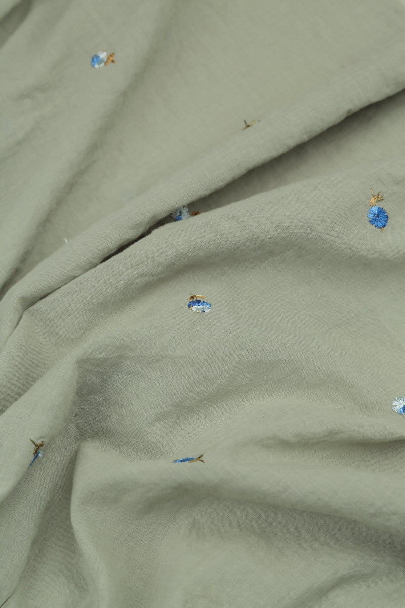 Wide Sage Embroidered Petals Crumpled Cotton Trousers 5