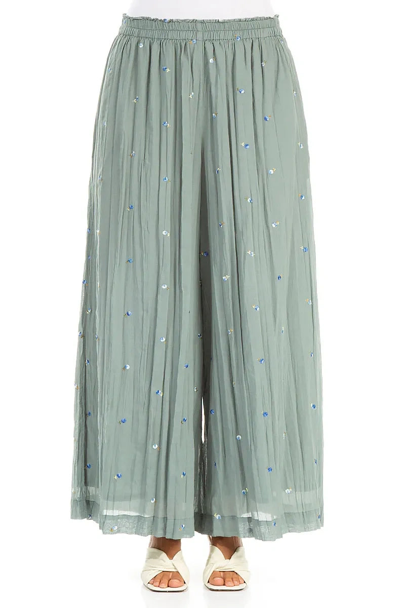 Wide Sage Embroidered Petals Crumpled Cotton Trousers 1