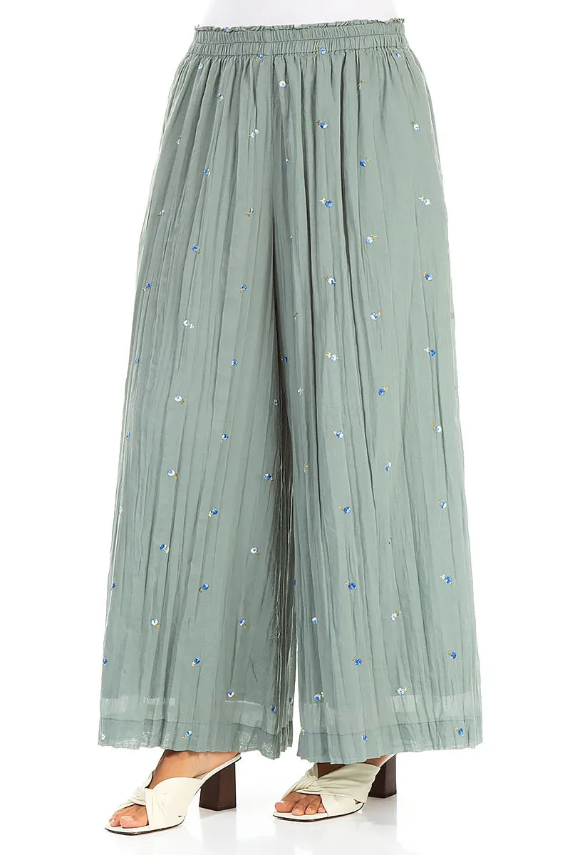 Wide Sage Embroidered Petals Crumpled Cotton Trousers 3