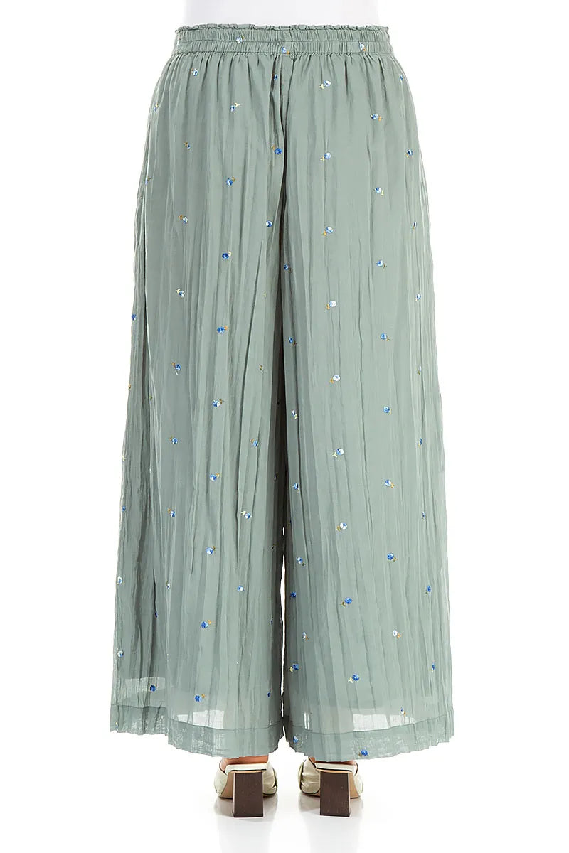 Wide Sage Embroidered Petals Crumpled Cotton Trousers 2