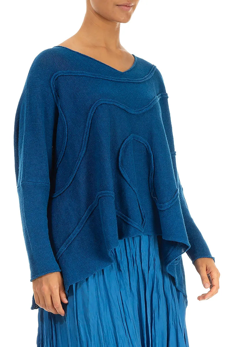 Wide Wavy Seam Cobalt Blue Linen Jumper