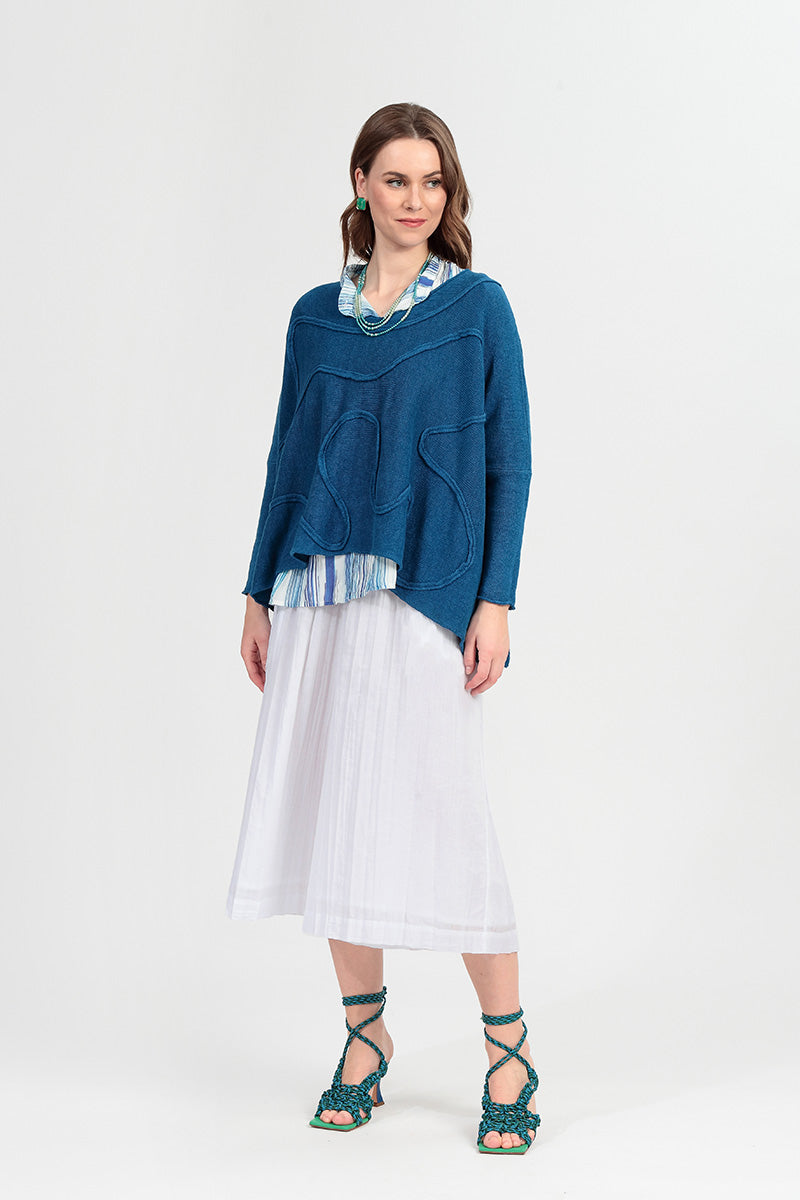 Wide Wavy Seam Cobalt Blue Linen Jumper