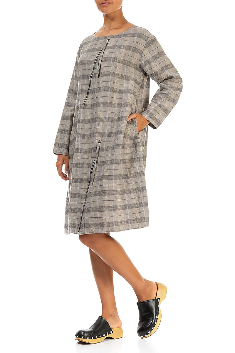 Zips Embellished Greige Check Linen Dress 3