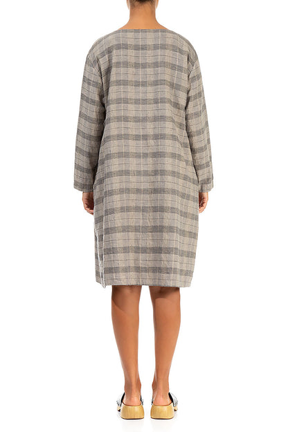 Zips Embellished Greige Check Linen Dress 2