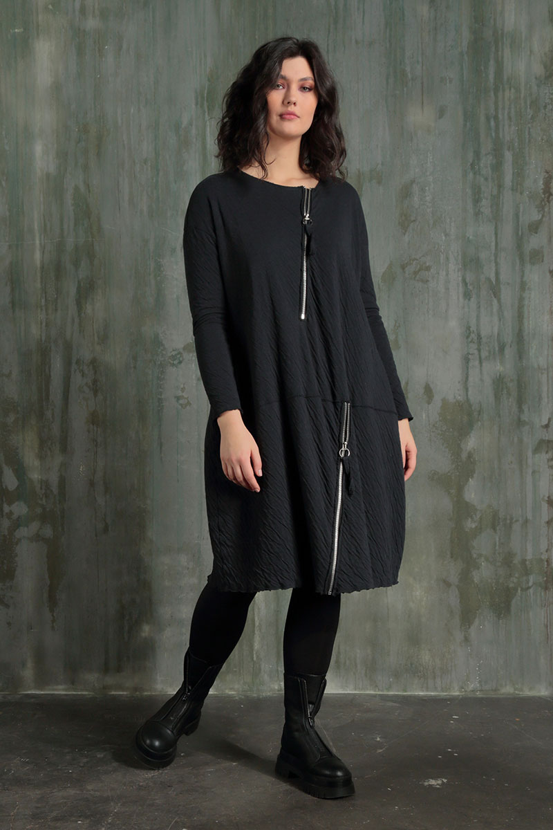 Zips Embellished Grey Wavy Cotton Dress 6