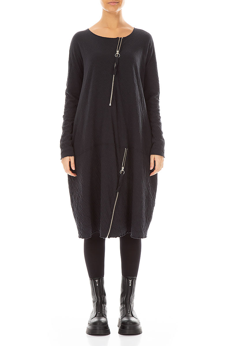 Zips Embellished Grey Wavy Cotton Dress 1