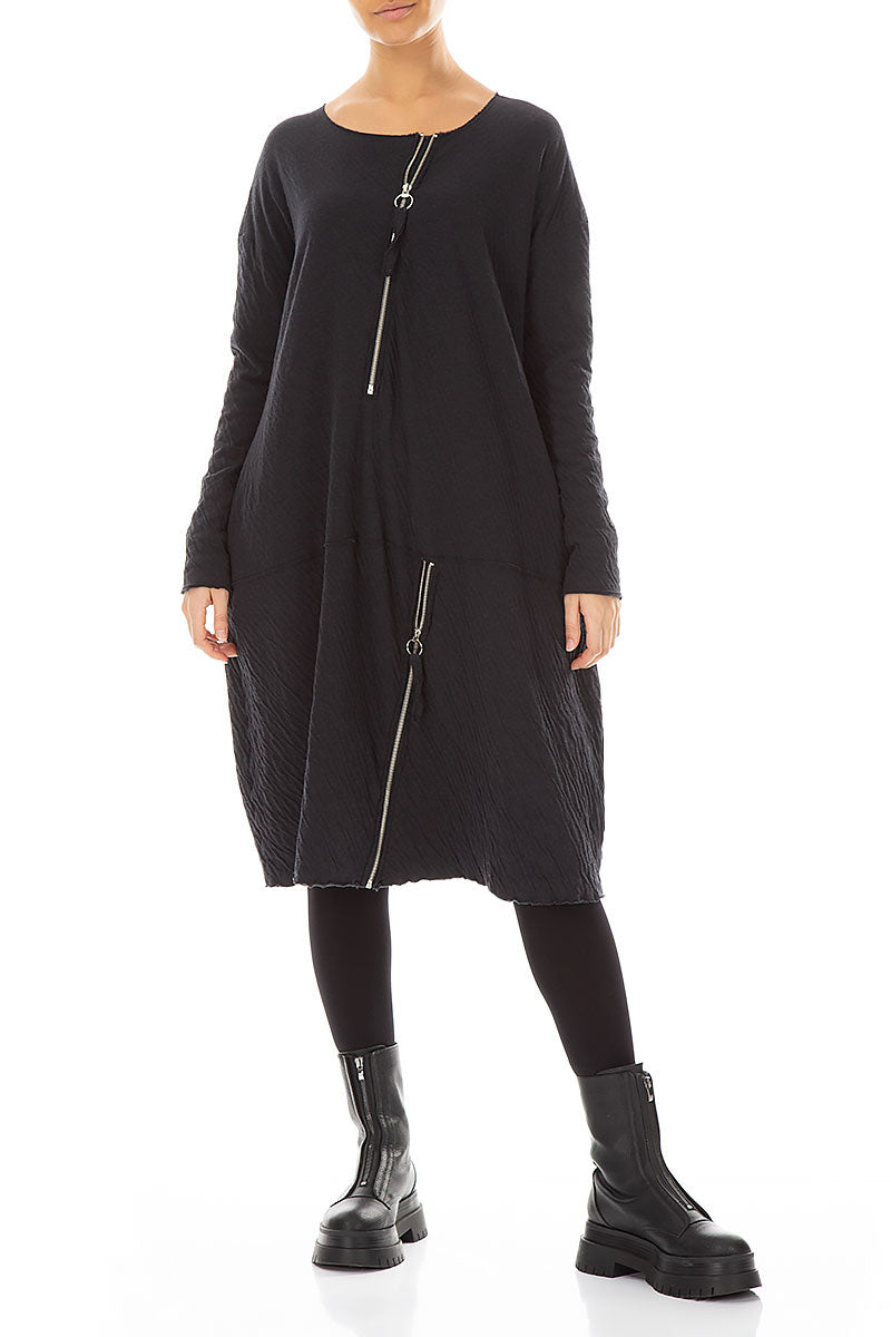 Zips Embellished Grey Wavy Cotton Dress 3