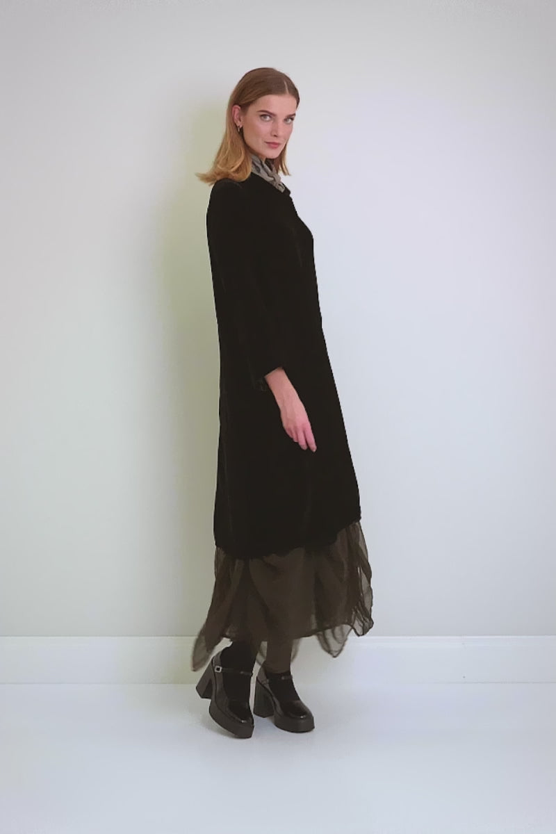 Collar Neck Black Silk Velvet Dress