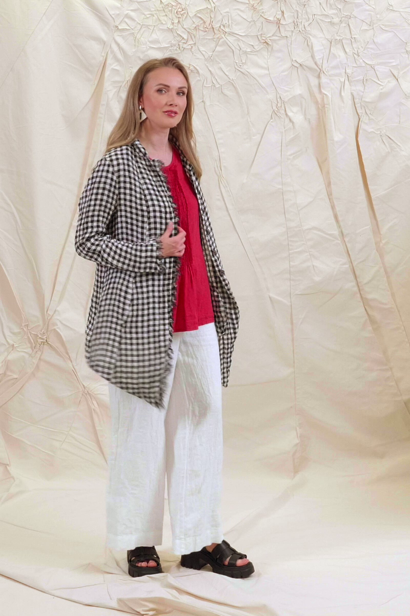 Collar Raw Edge Black &amp; White Check Linen Jacket 7