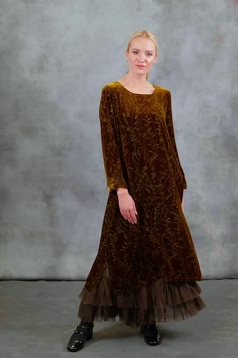 Golden Olive Devoré Feather Silk Velvet Dress 7