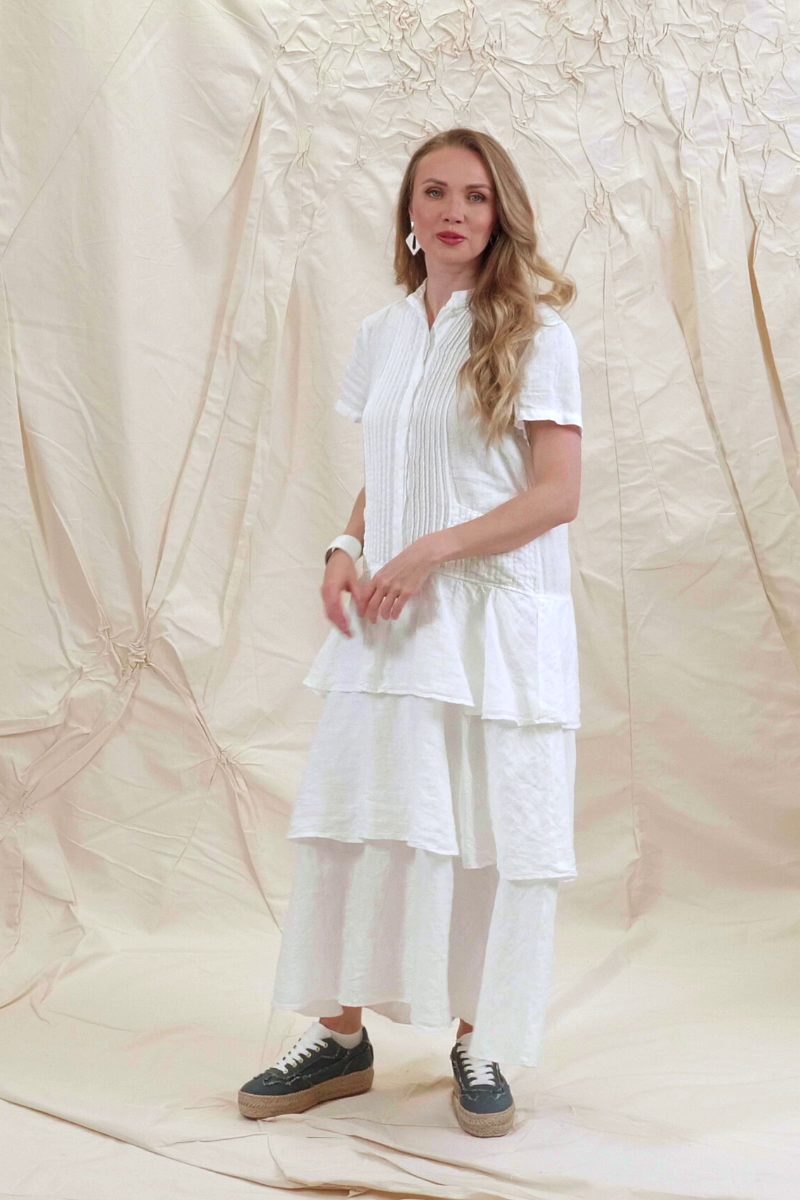 Layered Ruffles White Linen Dress 7