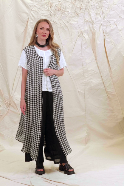 Sleeveless Black &amp; White Check Gauze Linen Vest 7