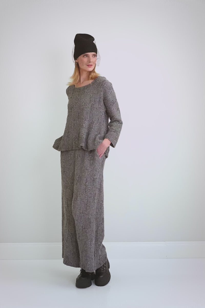 Pantalon large en lin et soie texturé argenté