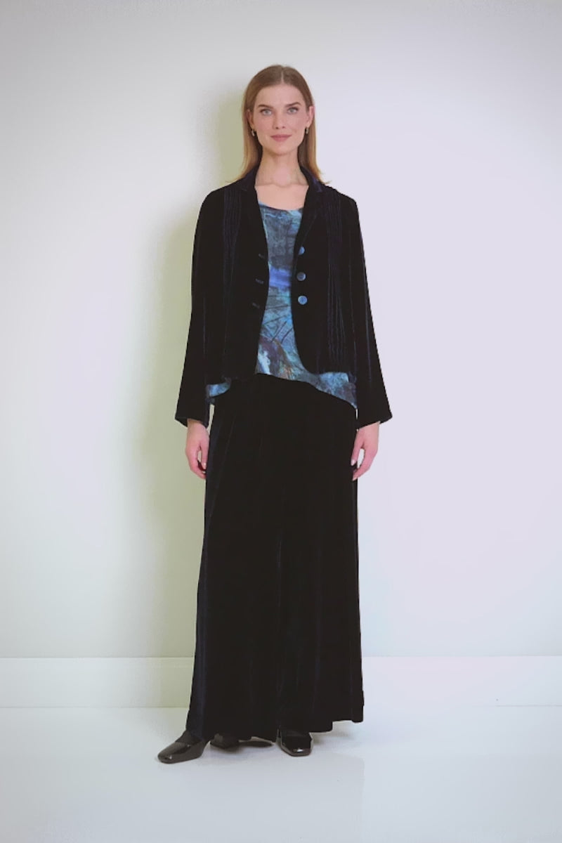 Pantalon large et long en velours de soie bleu roi