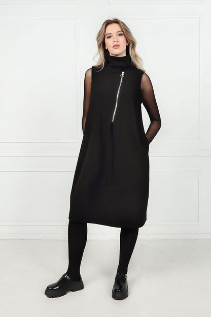 Cowl Neck Side Zip Black Cotton Jersey Dress 6