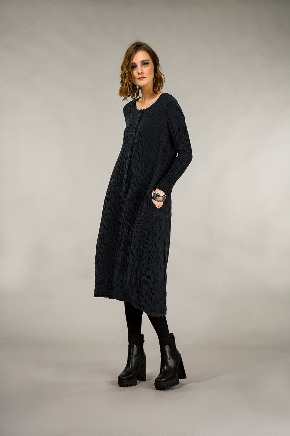 Buttoned Crinkled Midnight Blue Dress 5