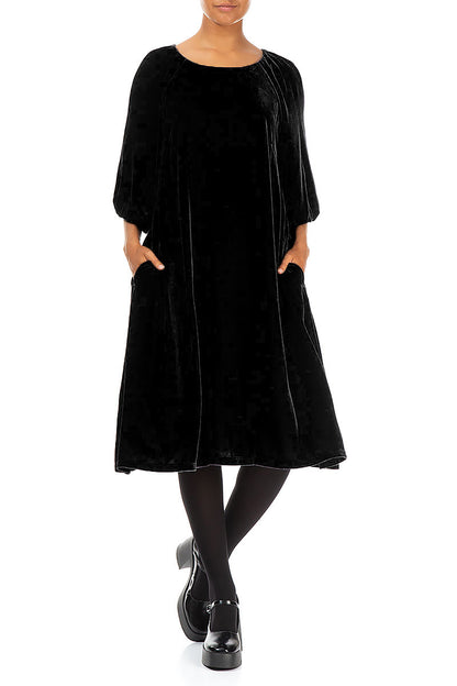 Bishop Sleeves Black Silk Velvet Dress 3