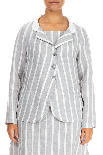 Buttoned Stripy Grey Linen Jacket 1