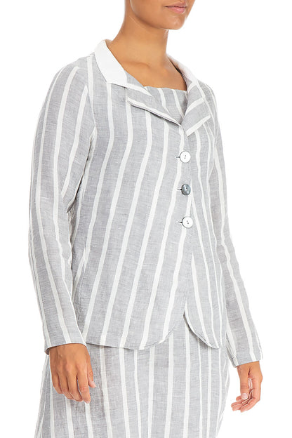Buttoned Stripy Grey Linen Jacket 3