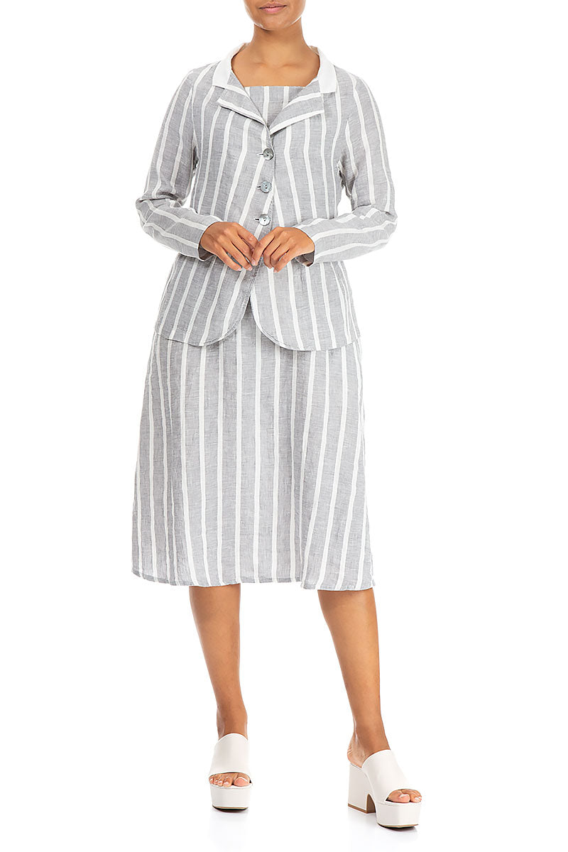 Buttoned Stripy Grey Linen Jacket 4