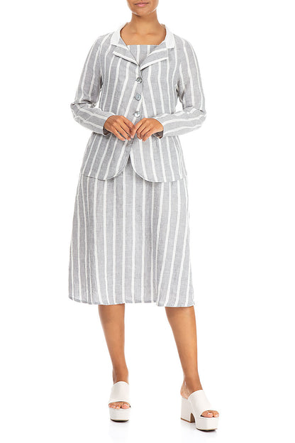 Buttoned Stripy Grey Linen Jacket 4