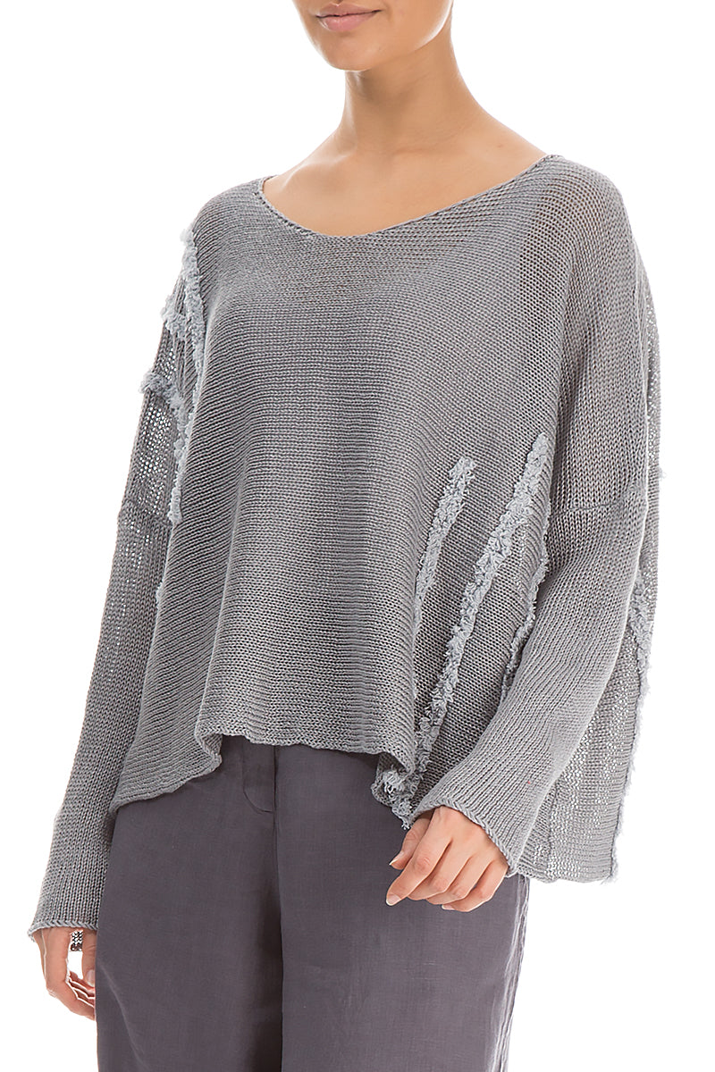 Decorated Boxy Light Grey Linen Jumper 4