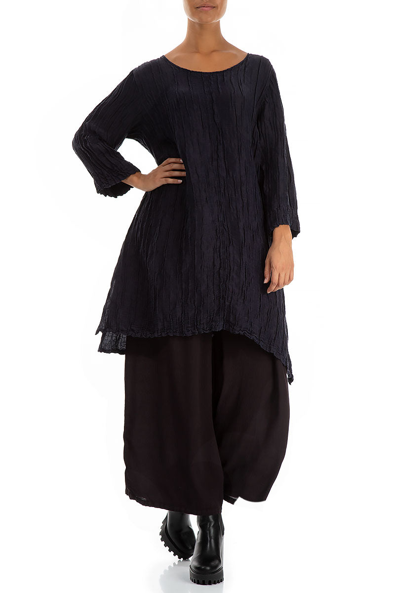 Detachable Collar Crinkled Dark Purple Silk Linen Tunic 5
