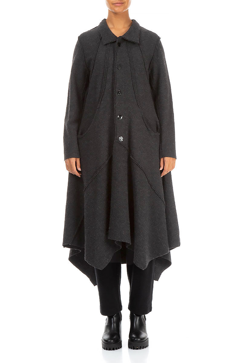 Asymmetric Hem Dark Grey Wool Coat 1
