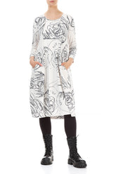 Exposed Seam White Abstract Draw Cotton Dress 3