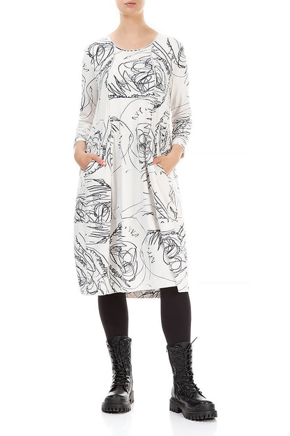 Exposed Seam White Abstract Draw Cotton Dress 3