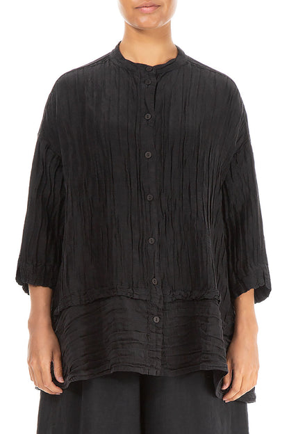 Flared Crinkled Black Silk Shirt 1