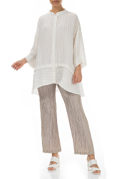Flared Crinkled Off White Silk Shirt 5