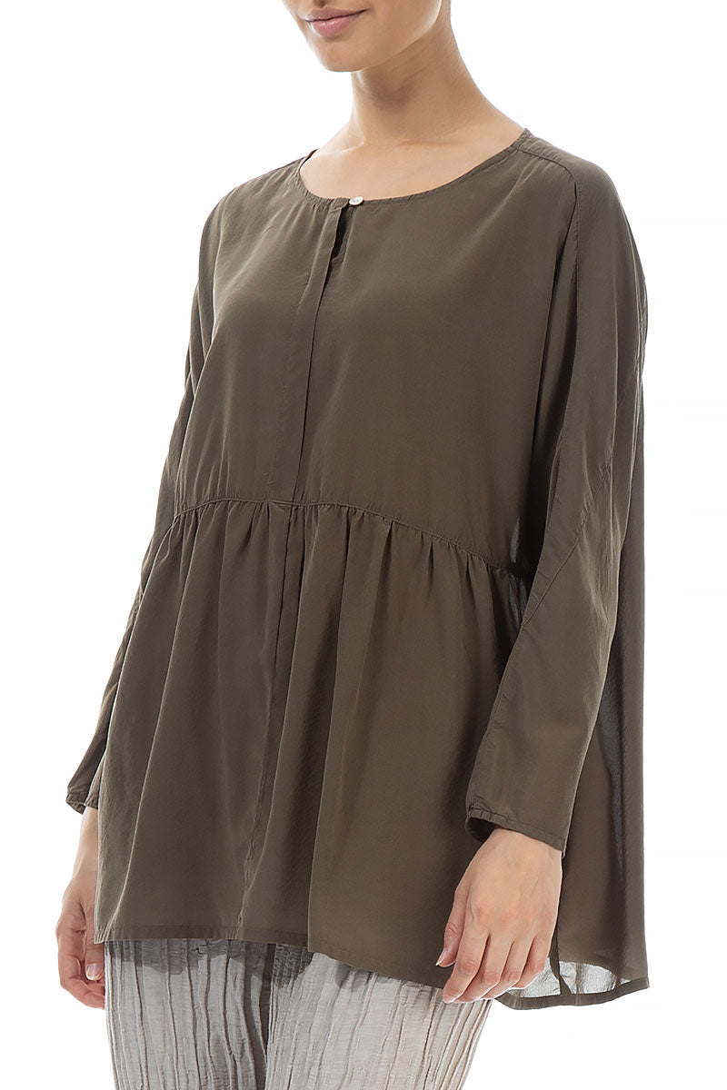 Flared Khaki Silk Blouse 3