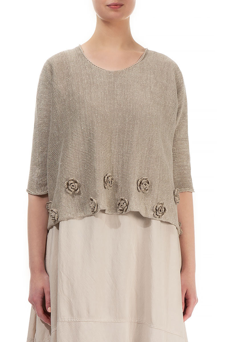 Flowers Decorated Natural Linen Jumper 1