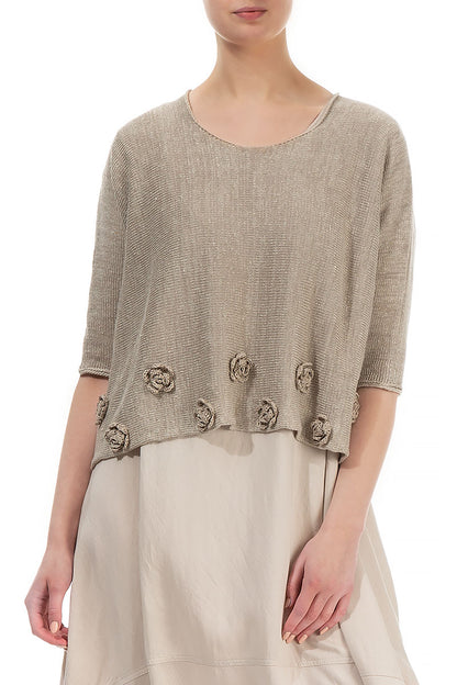 Flowers Decorated Natural Linen Jumper 3