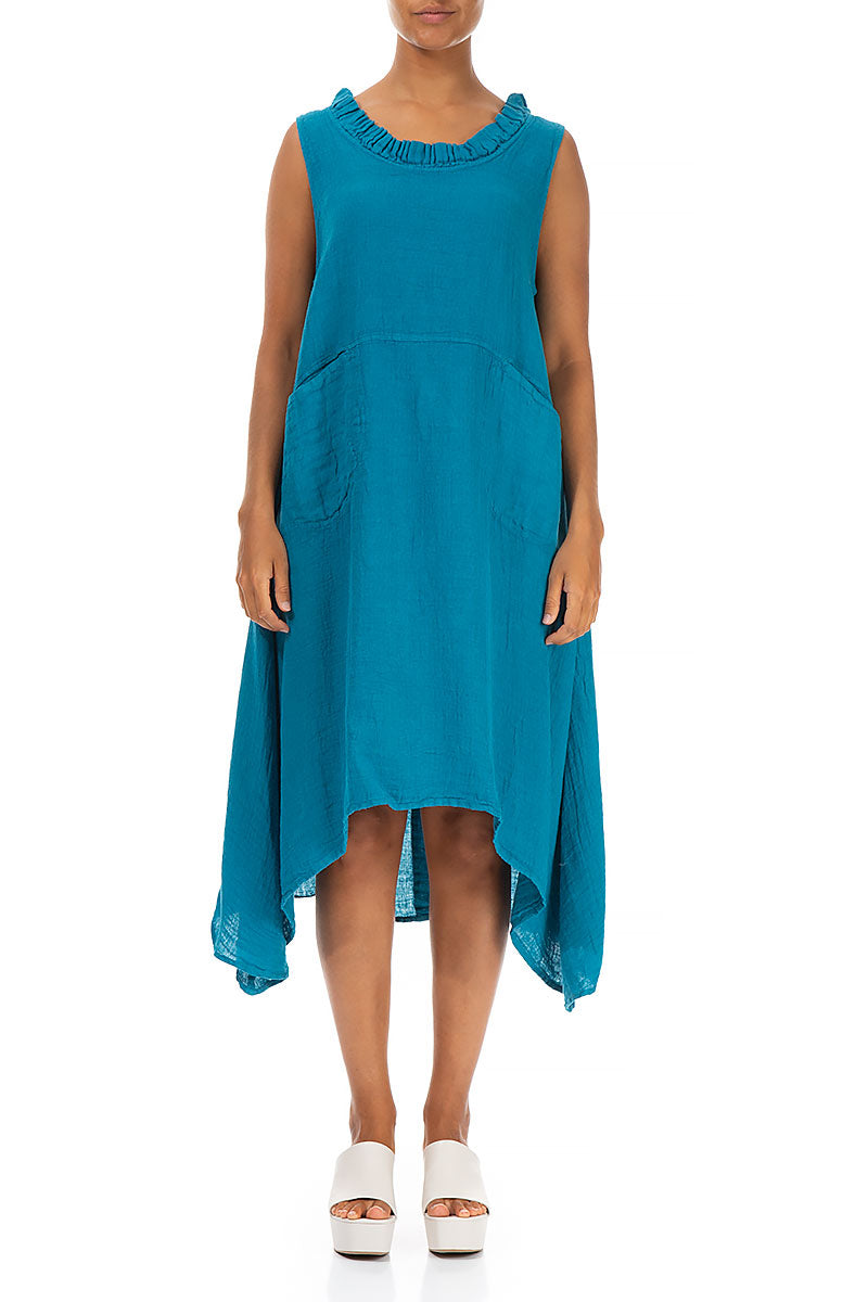 Frilled Sleeveless Ocean Blue Linen Tunic Dress 1
