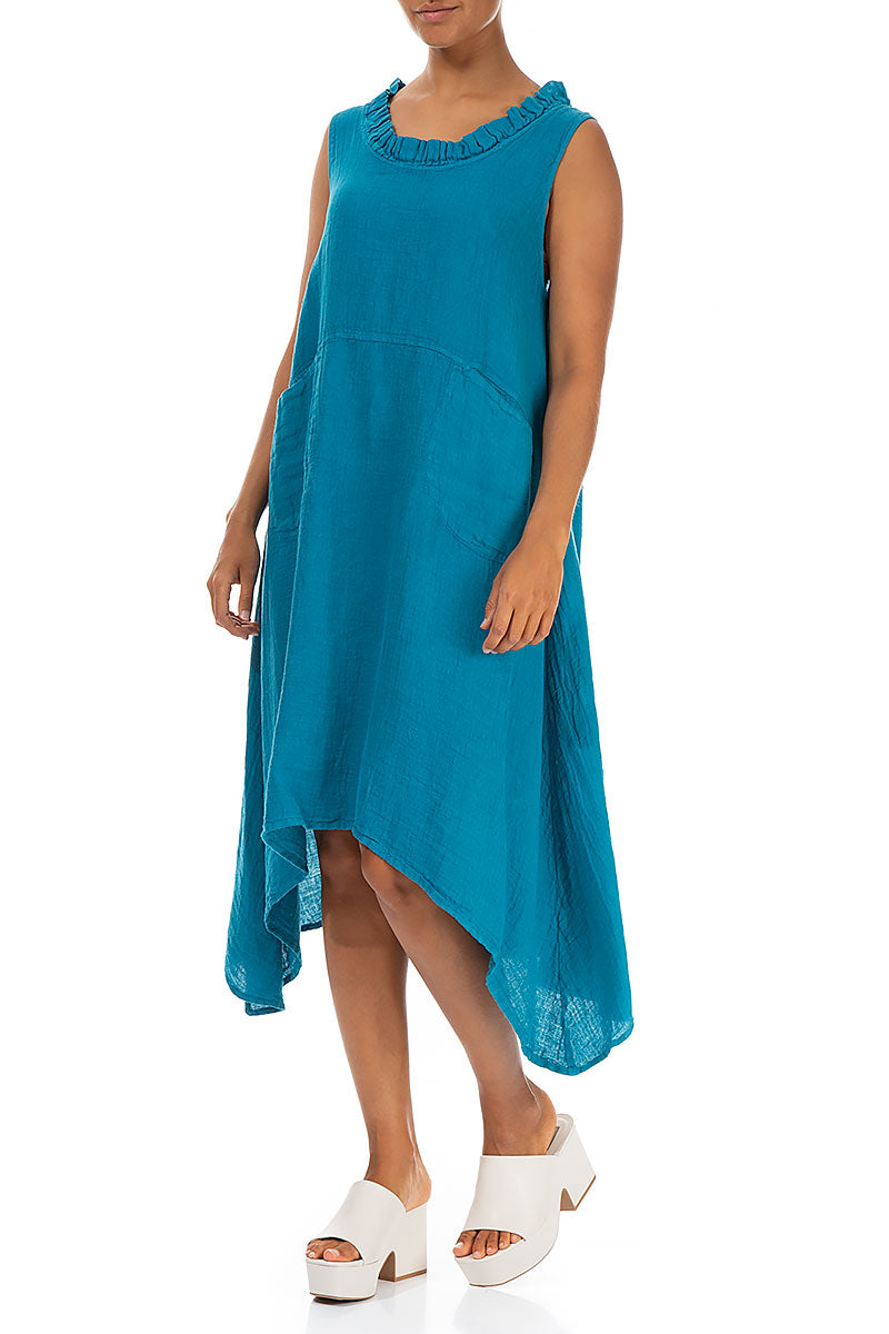 Frilled Sleeveless Ocean Blue Linen Tunic Dress 3