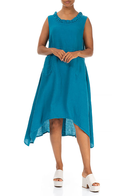 Frilled Sleeveless Ocean Blue Linen Tunic Dress 4
